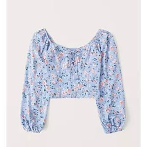 Abercrombie & Fitch Puff Sleeve Lace Up Sweetheart Blouse Blue Floral Size XL